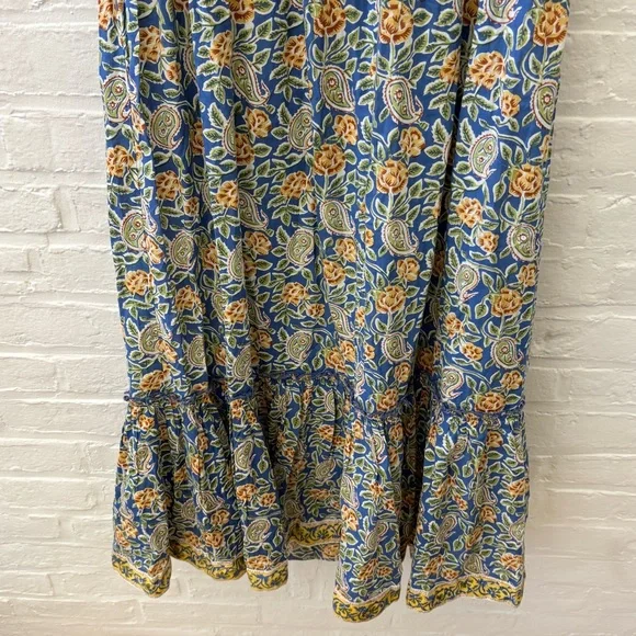 Madison Mathews || Perrin Maxi Dress Open Bsck Block Print Floral Tassels Blue S - Picture 4 of 12